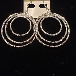 Earrings, NWOT, Big, Sparkling Concentric Hoops In Silvertone Finish, 2"+